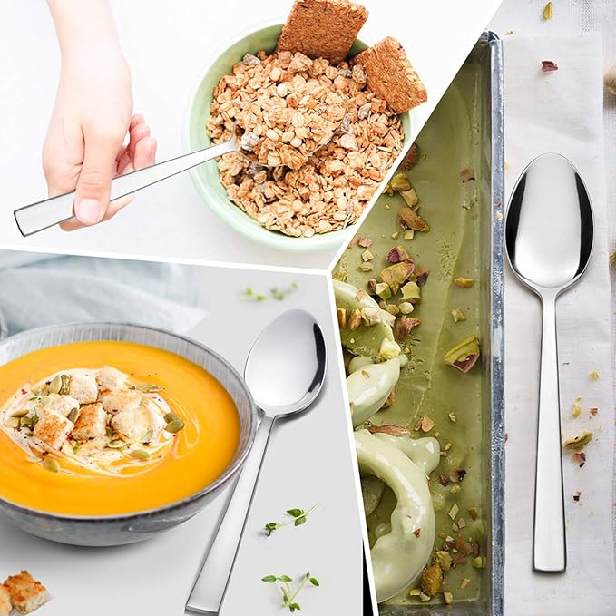 Dinner Spoons Set of 6, E-far 7.9 Inch Stainless Steel Soup Spoons Tablespoons for Home, Kitchen or Restaurant, Non-toxic & Mirror Polished, Squared Edge & Dishwasher Safe