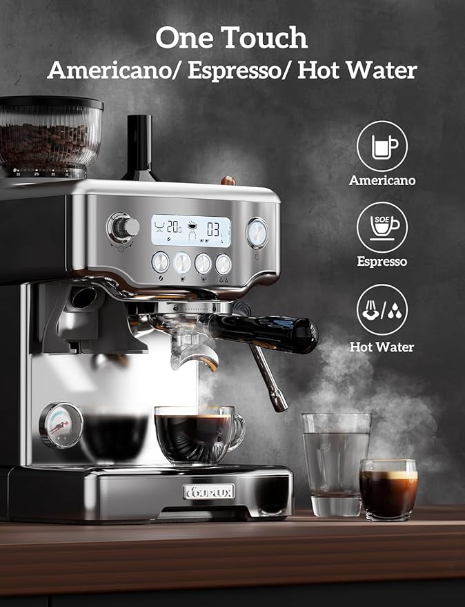 COUPLUX Espresso Machine with Grinder, 5-Temperature (190~205℉) Professional Espresso Machine 58MM with Powerful Milk Frother 15 Bar Expresso Coffee Machines for Espresso Americano Cappuccino & Latte