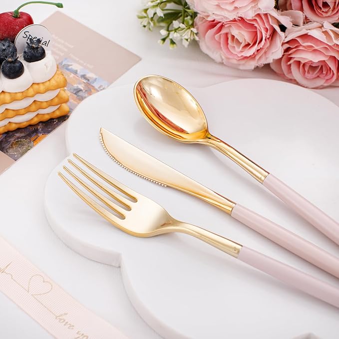 I00000 60 Pack Pink Plastic Silverware,Gold Disposable Flatware with Pink Handle, Gold Plastic Cutlery Set Includes: 20 Forks, 20 Knives and 20 Spoons, Tableware Set for Party and Wedding