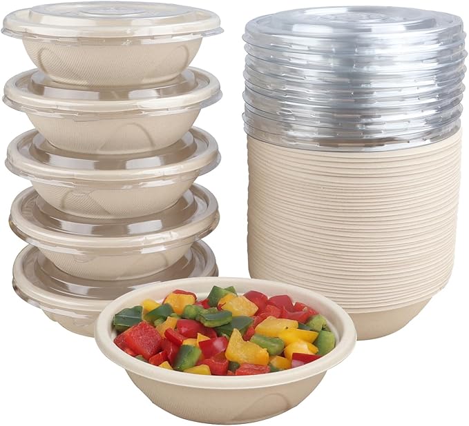 25 oz Disposable salad bowls with lids, Sugarcane Fiber Paper Bowls take away food containers meal prep deli container Freezer Safe 50 Pack