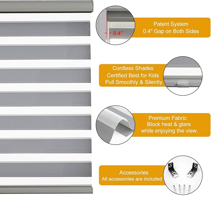 Persilux Cordless Zebra Blinds for Windows Free-Stop Roller Windows Shades (23" W X 64" H, Grey) Dual Layer Light Control for Day and Night, Light Filtering Sheer Shades for Home