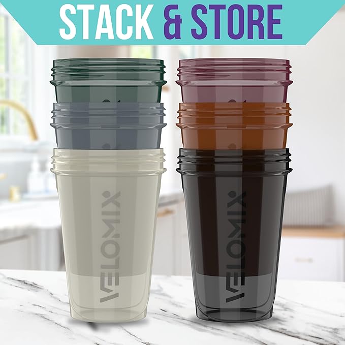 VELOMIX -6 PACK- Shaker Cups for Protein Shakes 20 oz - 6x Wire Whisk | Leak Proof Protein Shaker Bottle for Protein Shakes, Shaker Bottle Pack for Pre & Post Workout, Shaker Cup (Mood Tones)