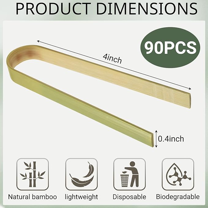 90 Pcs Natural Bamboo Food Tongs, Mini Disposable Wooden Long Toast Tongs, Small Cooking Utensils for Charcuterie, Catering, Party Supplies(3.94 Inch)