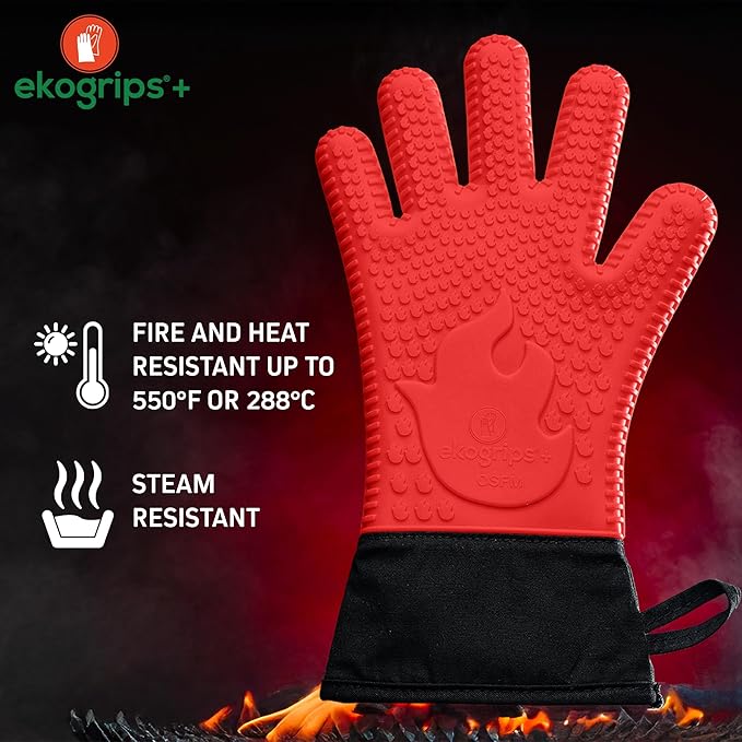 Ekogrips Plus Oven Gloves with Fingers, Comfy Waterproof Silicone Oven Mitts Heat Resistant with Long Cuff, Insulated BBQ Gloves Perfect for Grilling, Baking, Smoker, Canning, Pizza, Red, Hot Mitts