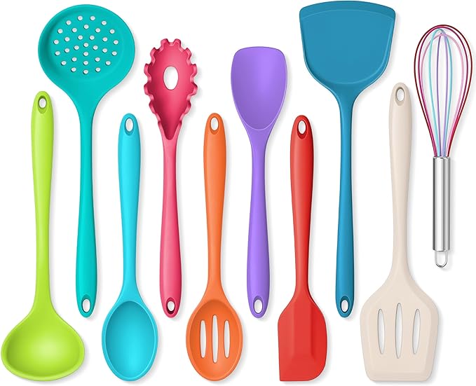 Onader Silicone Kitchen Utensils, Non Toxic Cooking Utensils Set for Nonstick Cookware, Kitchen Gadgets Tools Set of 10 - Colorful