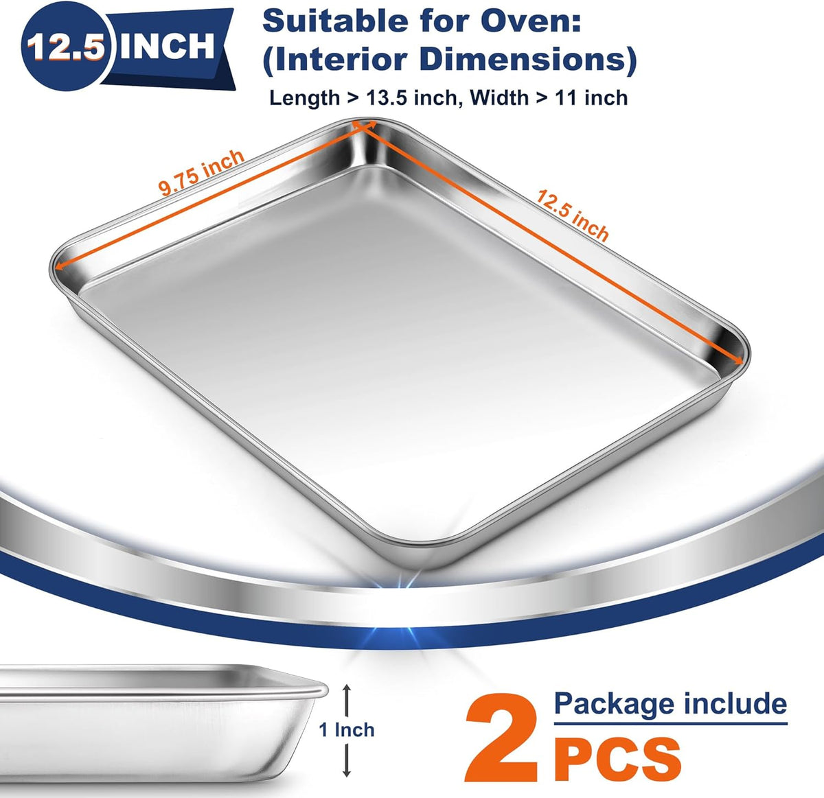 P&P CHEF 12.5 Inch Baking Cookie Sheet, Oven Pan Tray Stainless Steel Sheet Pan for Kitchen, Oven Bakeware for Multi Uses, Shiny Look & Dishwasher Safe, Healthy & Heavy Duty, 2Pcs