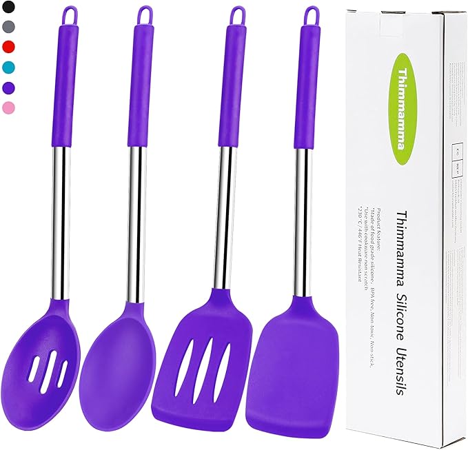 Silicone Spatula Spoon Set, 4 PCS Silicone Cooking Utensils Spatula Spoon Set with Stainless Steel Handle, BPA Free Kitchen Turners for Frying, Mixing, Serving, Draining, Turning, Stirring, Purple