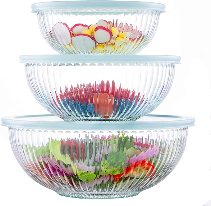 Luvan Glass Mixing Bowls with Lids Set(3.7QT, 2.1QT, 1.1QT),3PC Glass Nesting Bowl, Large Salad Bowls Sets with lids,Clear Cooking Bowl for Kitchen Prep,Food Storage,Baking,Microwave and Oven Safe