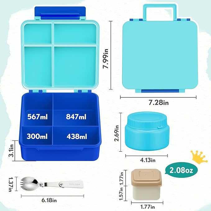 Kids Bento Lunch Box with 8oz Soup Thermo, Kids Leakproof Lunch Food Containers with 4 Compartment,Insulated Hot Food Jar with Lunch Bag for School, Travel (Blue-No lunch bag)