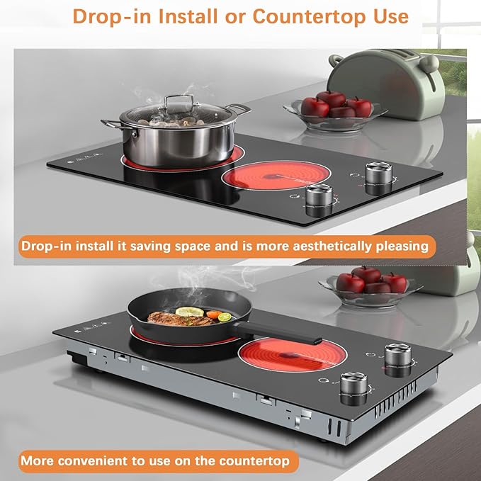 Karinear 110V Electric Cooktop 2 Burners Electric Stove 12 Inch Knob Control Countertop & Built-in Ceramic Cooktop, 9 Heating Level, Hot Warning, Over-Temperature Protection(Silver Knob)
