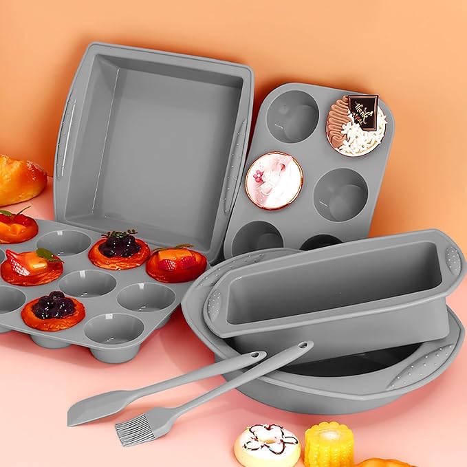 7in1 Silicone Bakeware Baking Set, Kitchen Bake Pans Molds Tray for Oven with BPA Free Round/Square Cake Pan, Loaf Pan, Muffin Pan for Bread Pizza Cheesecake Cupcake Pie Desserts