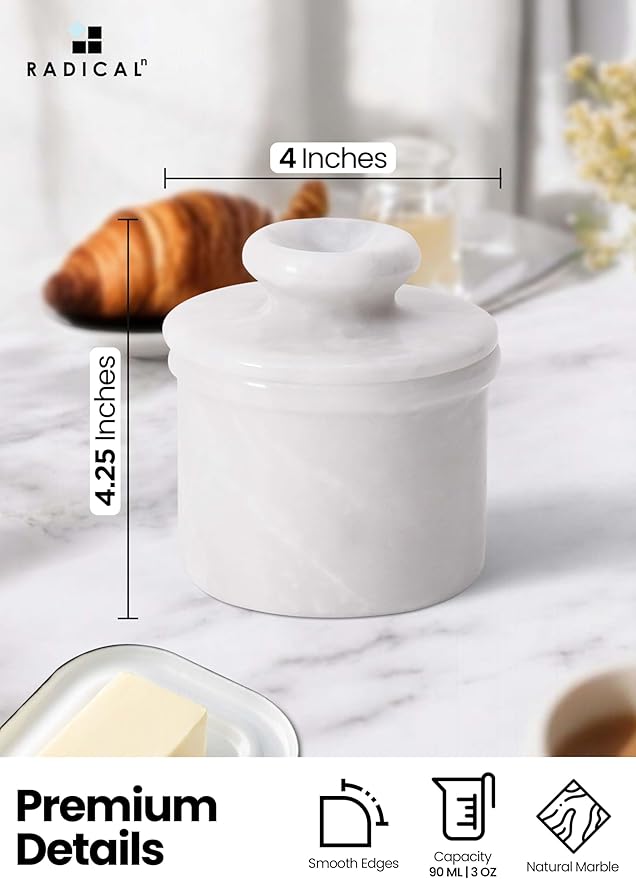 Radicaln Marble Butter Keeper 4.25'' Inches White Handmade French Butter Holder For Kitchen Counter Decor Ideal Butter Crock For Counter With Water & Butter Crock For Kitchen
