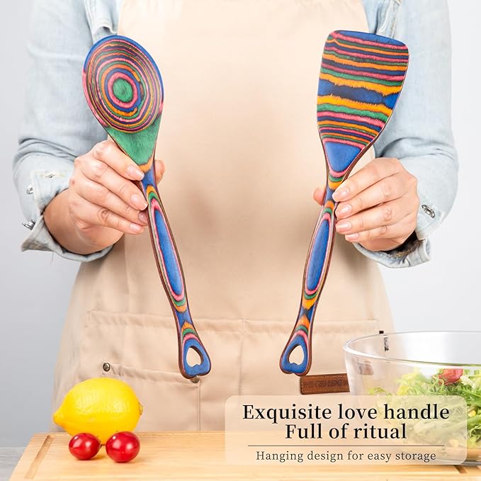 Gudamaye Pakkawood 7-Piece Wooden Cooking Utensils, Wooden Spoons for cooking, Pakkawood kitchen Utensils for Cooking, Non-Stick Spoon, Household Essentials, Heat-Resistant Spoons