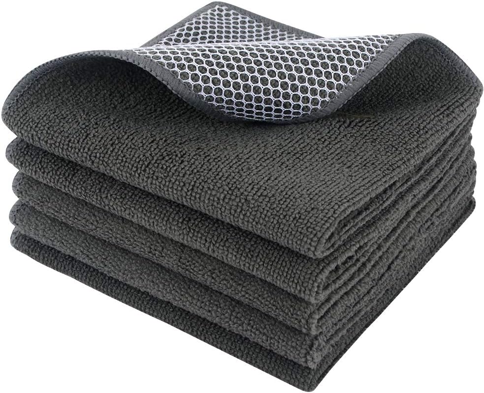 SINLAND Microfiber Dish Cloths Wash Clothes for Kitchen Best Kitchen Cloths Cleaning Cloth Poly Scour Side 12"x12" (5Pack, Dark Grey)