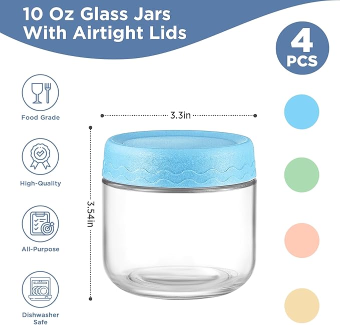 DRKIO 10 Oz Overnight Oats Containers with Lids - 4 Pack Glass Storage Jars with Airtight Lids Wide Mouth Mason Food Jars Great for Meal Prep Salad Chia Pudding Snacks Yogurt Sugar Spice Cereal