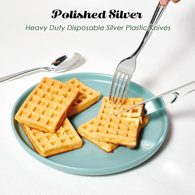 FOCUSLINE 300 Pack Disposable Silver Plastic Forks, Solid and Durable Plastic Cutlery Forks, Heavy Duty Disposable Utensil Silverware for Catering, Parties, Dinners, Weddings