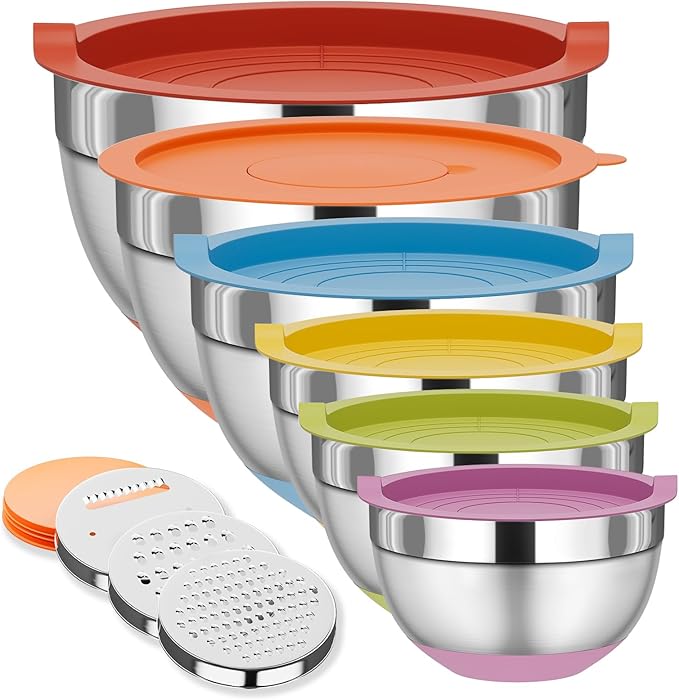 Fyrnova Mixing Bowls with Lids Set, 6 Piece Stainless Steel Nesting Storage Bowls for Kitchen, with 3 Grater Attachments & Non-Slip Bottoms, Size 5.5,3.5,2.5,2.1,1.5,1.1 QT