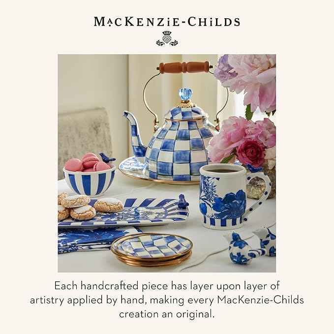 MACKENZIE-CHILDS Enamel Tea Kettle, Stylish Tea Kettle for Stovetop, Blue-and-White Royal Check, 3 Quarts