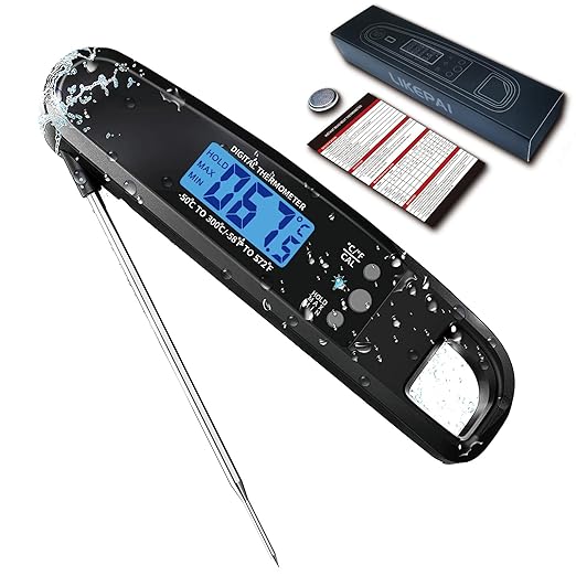 Meat Thermometer Digital, IP67 Waterproof Cooking Thermometer with Backlight & Hold Function, Instant Read Food Thermometer for Cooking, Outdoor Grilling, Candy Making (Black)