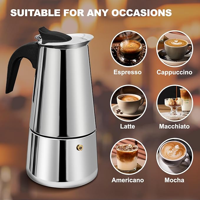 6 Cup Stovetop Espresso Maker Stainless Steel Moka Pot Stove Top Percolator Italian Coffee Makers Capable Mocha Greca Machine Cafe Classic Induction Cookers for Home and Camping 300ml 10oz