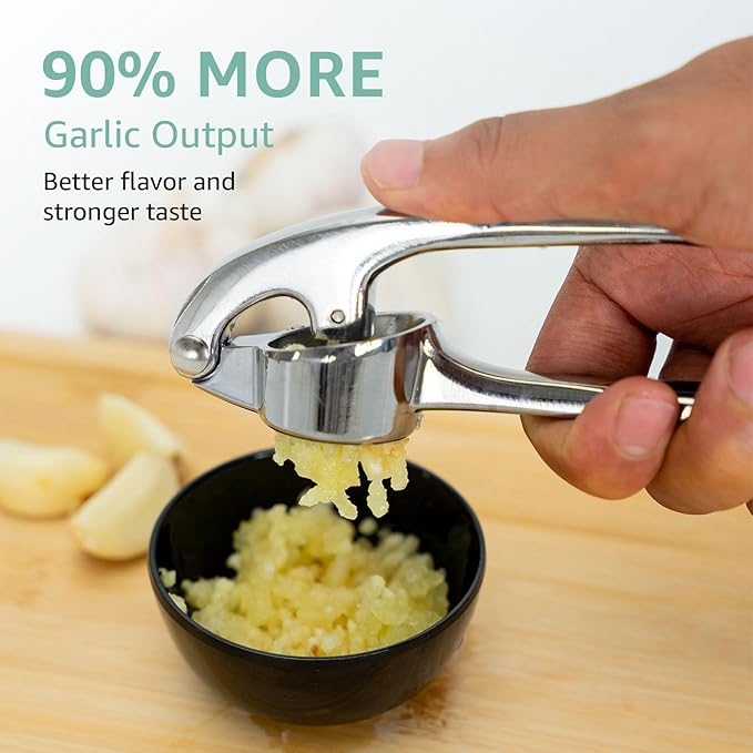 GD Premium Garlic Press Set – Rust-Proof Stainless Steel Garlic Mincer Tool – Easy-Squeeze, Easy-Clean with Soft Ergonomic Handle – Dishwasher Safe, Includes Silicone Peeler & Brush (Imperial Silver)