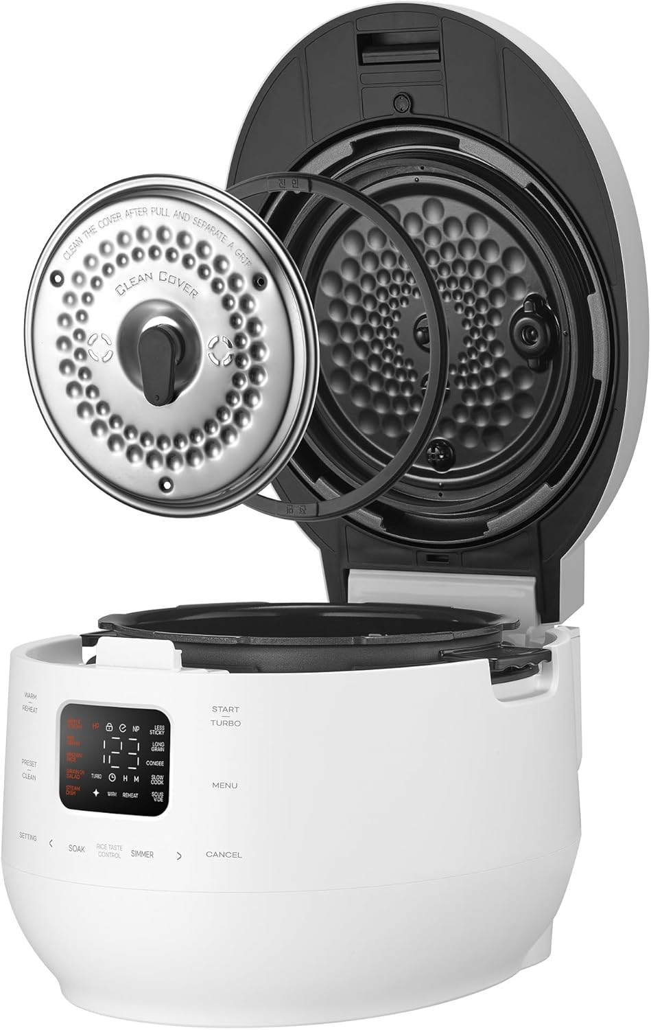 CRS-FWK0640WUS | Automatic Dual Heating Pressure Rice Cooker 6 Cup (Uncooked) (1.14 quarts): 6 person serving / per use | High/Non-Pressure | Triple Power Packing | Easy Open Handle | Stainless Cover | Auto Steam Clean | White