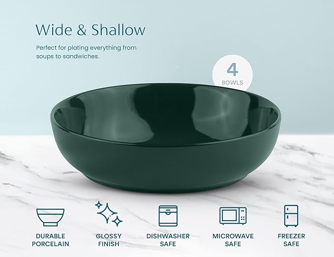 KooK Pasta Bowl, Salad Bowls, Soup, Serving Bowls, Ceramic, Large Capacity, Microwave & Dishwasher Safe, Set of 4, 40 Oz,(Hunter Green)
