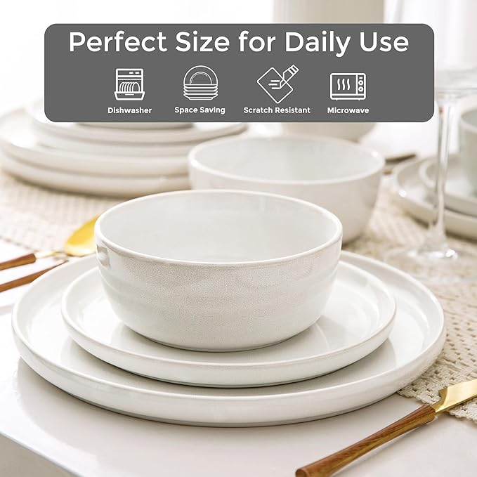 AmorArc Stoneware Dinnerware Sets,Round Reactive Ceramic Plates and Bowls Set,Highly Scrath Resistant | Dishwasher & Microwave Safe Dishes Set,Service for 4 (12pc)-White