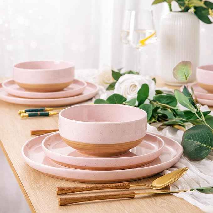 AmorArc Ceramic Dinnerware Sets for 4, 12 Pieces Handpainted Plates and Bowls Set with Rustic Terracotta Underside, Scratch Resistant Stoneware Dishes Set, Dishwasher & Microwave Safe, Cloud Pink
