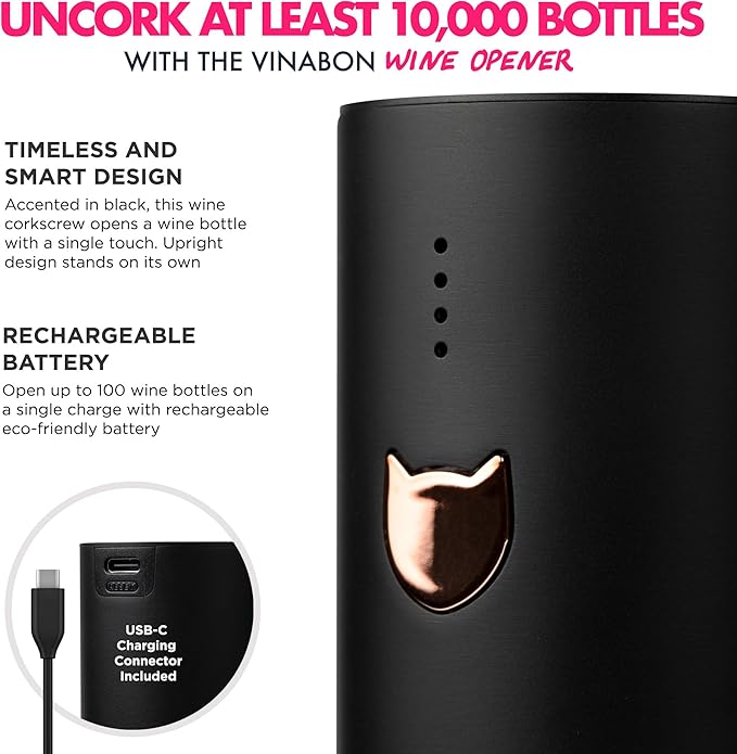 VINABON Electric Wine Opener 2026 - One-Touch Automatic Wine Bottle Opener Corkscrew - Rechargeable (Up to 100 Bottles/Charge) with Foil Cutter Stand, LED Indicator. Includes Wine Guide eBook
