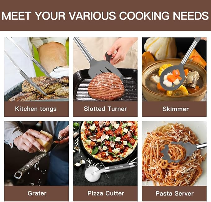 Kitchen Utensils Set-Silicone Cooking Utensils-32pcs Non-Stick Silicone Cooking Kitchen Utensils Spatula Set with Holder-Best Kitchen Cookware with Stainless Steel Handle (Grey)