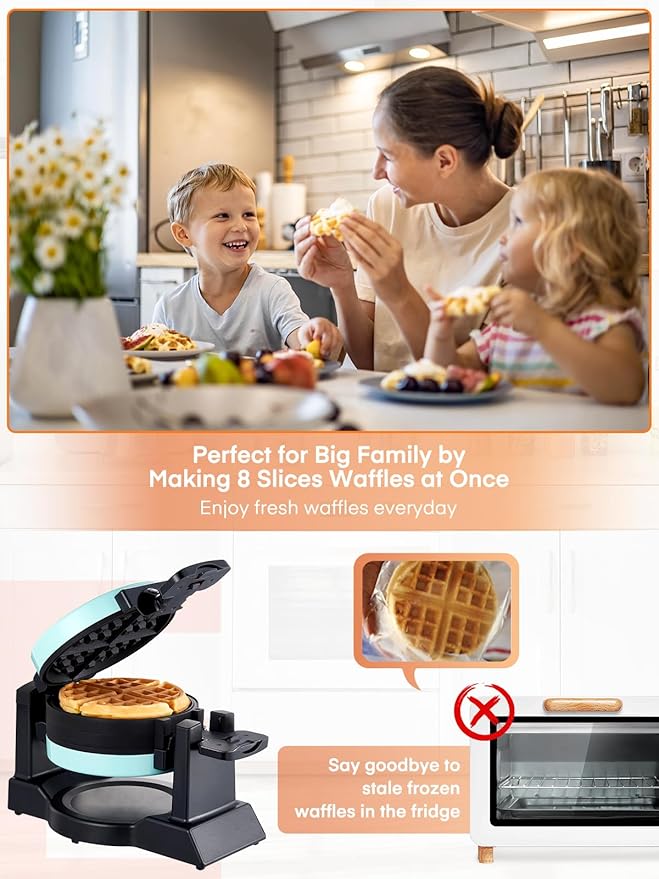 Waffle Maker, 1400W Double Belgian Waffle Iron 180° Flip, 8 Slices in 3 Mins, Rotating & Nonstick Plates, Anti-Scald, Removable Drip Tray Easy to Clean, Cool Touch Handle, Space-Saving (Mint Blue)
