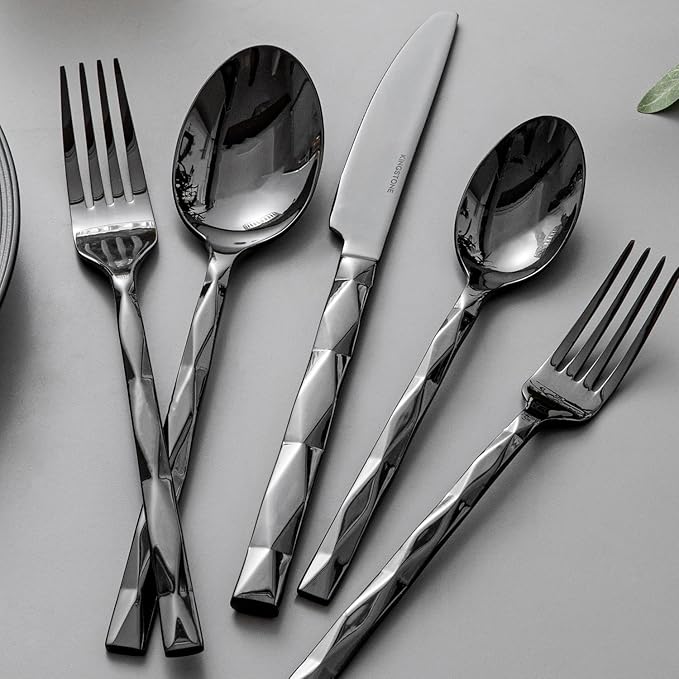 KINGSTONE Black Silverware Set, Luxury 60 Piece Flatware Set for, 18/10 Stainless Steel Cutlery Set with Diamond Cut Pattern for Kitchen, Home, Wedding, Party, Mirror Polished and Dishwasher Safe
