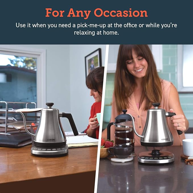 COSORI Gooseneck Electric Kettle with 5 Variable Presets, Pour Over & Coffee maker, 100% Stainless Steel Inner Lid & Bottom, 1200 Watt Quick Heating, 0.8L, Silver