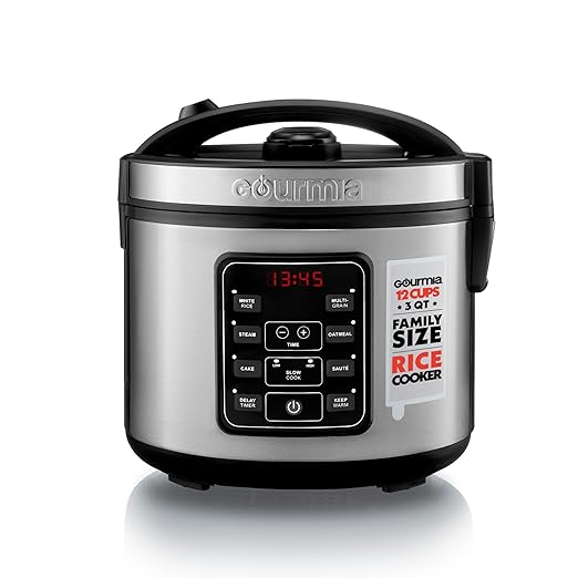 Gourmia Rice Cooker – 3 Qt Capacity, 12 Cup Cooked, 6 Cup Uncooked, Digital Controls, Grain Cooker & Steamer, Built-In Steamer Basket, Nonstick Ceramic Pot, Delay Timer, Keep Warm, Stainless Steel