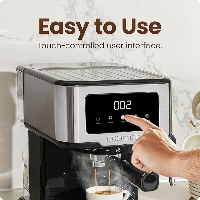 Chefman CraftBrew Espresso Machine, 15-Bar Pump Digital Espresso Maker w/Steam Wand for Latte & Cappuccino, Compact Espresso Coffee Machine w/ 1.5L Removable Water Reservoir - Stainless Steel