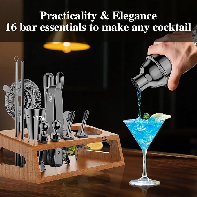 IOV Cocktail Shaker Set Bartender Kit with Stand | Bar Set Drink Mixer Set Includes Martini Shaker, Jigger, Strainer, Mixing Spoon, Muddler, Recipe Book | Home Bar Accessories Gift Set (Black)