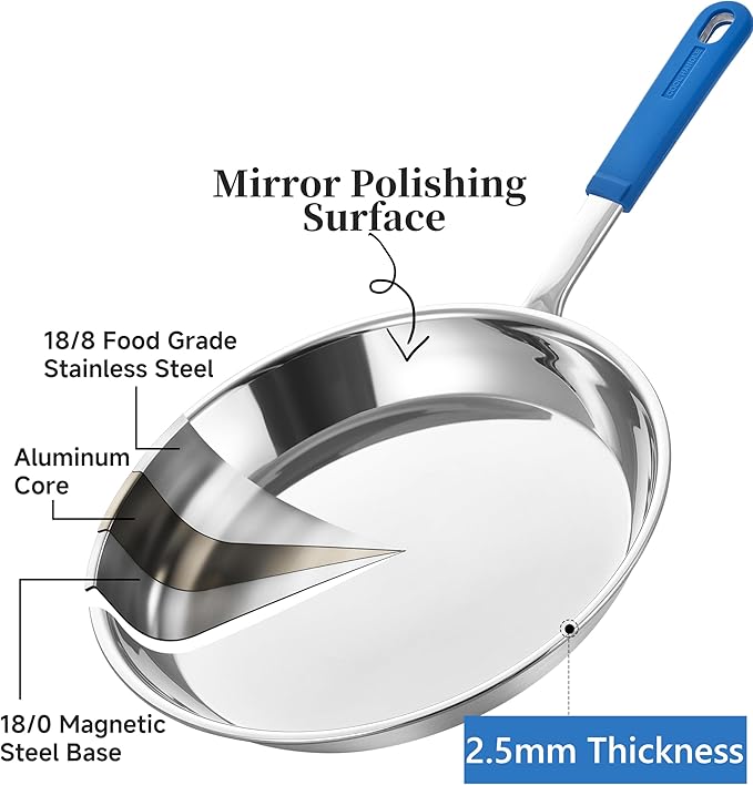 LOLIKITCH 10 In Stainless Steel Skillet - Professional Induction Fry Pan, Oven Safe 600°F, Tri-Ply Stainless Steel Clad, Dishwasher Safe, Detachable Handle, PFOA Free, Commercial Restaurant Grade