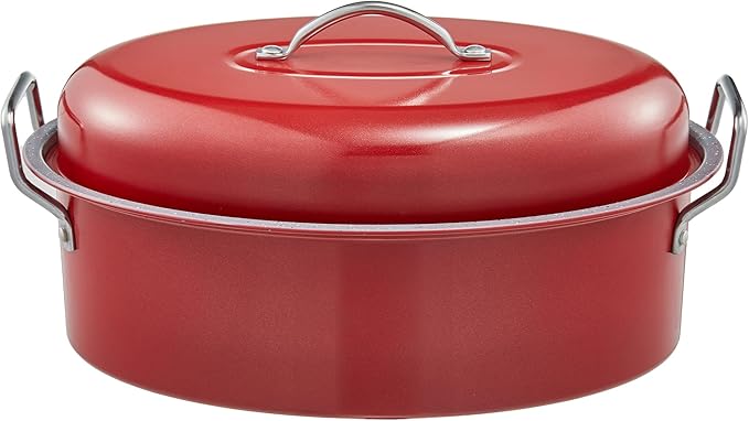 BRONYPRO Roasting Pan with Rack, 18-Inch Granite Roaster with Lid, 20 lb Capacity for Turkey, Chicken, and Vegetables, Red