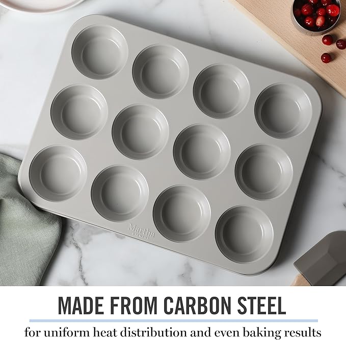 Martha Stewart Gallen 12-Cup Nonstick Carbon Steel Muffin and Cupcake Pan – Cool Grey, Durable Bakeware for Even Baking and Easy Release
