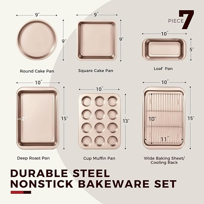 KITESSENSU Baking Pans Sets, Nonstick Bakeware Set 7-Piece with Round/Square Cake Pan, Loaf Pan, Muffin Pan, Cookie Sheet, Roast Pan, Cooling Rack & Silicone Oven Mitts, Carbon Steel Bake Set,Gold