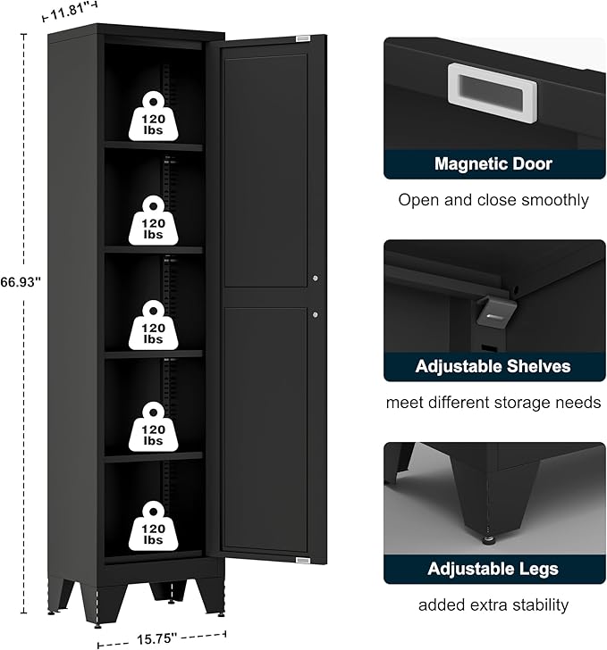 67" Tall Narrow Bathroom Metal Storage Cabinet with 4 Adjustable Shelves, Freestanding 5 Tier Slim Pantry Storage Cabinet for Small Space, Black