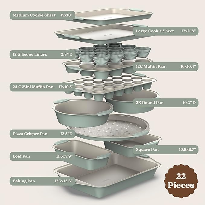 Country Kitchen Nonstick Stackable Bakeware Set - Durable, Easy Release Baking Set- 22 Pc. Includes Silicone Muffin Cups