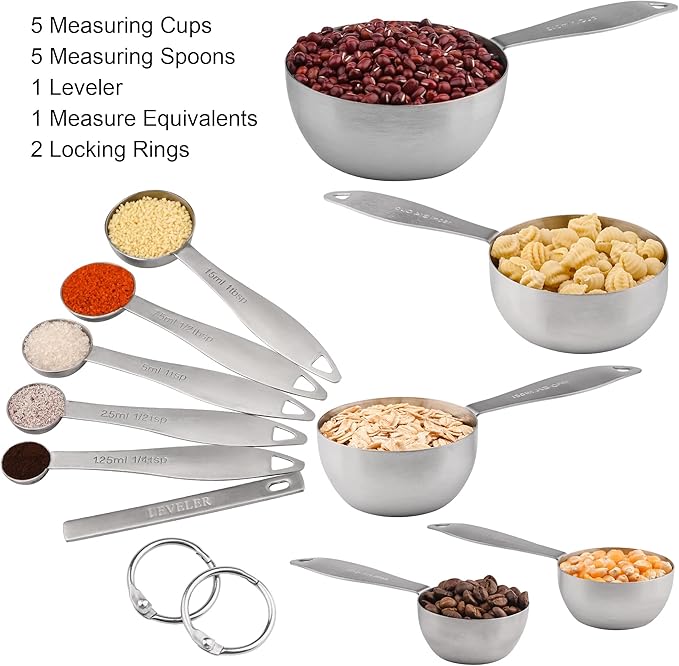 Smithcraft Measuring Cups and Spoons, 12 Piece Metric & US 18/8 Stainless Steel Measuring Cup and Spoon Set, Dry Metal Measuring Cups Spoons & Leveler & Measure Equivalents for Kitchen & Baking