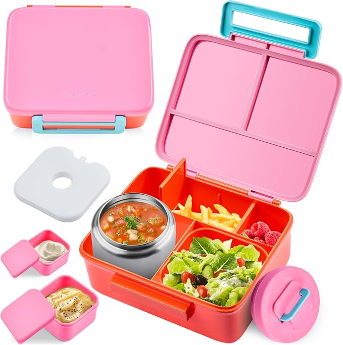 Bento Lunch Box for Kids with 8oz Soup Thermo Leak-Proof Lunch Food Containers with Snack Sauce Container for Kid Girls Boys to School,Pink