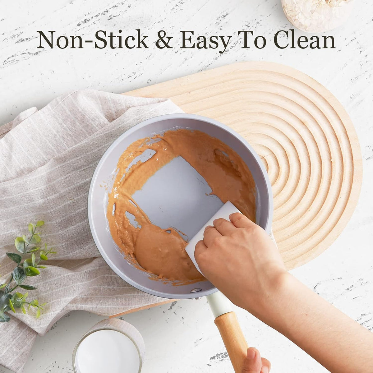 ROCKURWOK Ceramic Nonstick Sauce Pan with Lid, 2 Quart Cooking Pot, Small Saucepan with Steamer, PTFE & PFAS-Free, Wooden Handle for Cool Touch, Universal Base(Gas, Electric & Induction), White