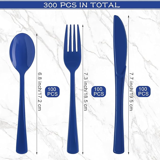 300 Pieces Dark Blue Plastic Silverware Heavy Duty Plastic Cutlery Set Heavyweight Disposable Flatware Includes Spoons Forks Knifes for Birthday Party Prom Night Wedding Dinner