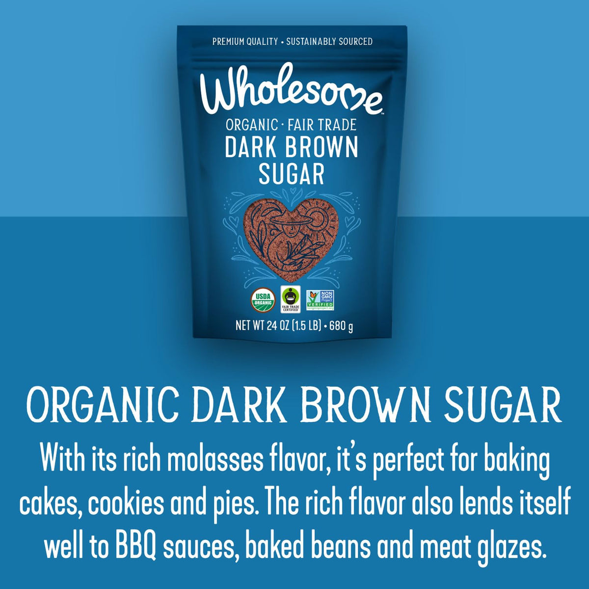 Wholesome Sweeteners 24-Ounce Organic Dark Brown Sugar, Fair Trade, Non GMO, Gluten Free & Vegan, Sugar for Baking and Glazing, 1 Pack