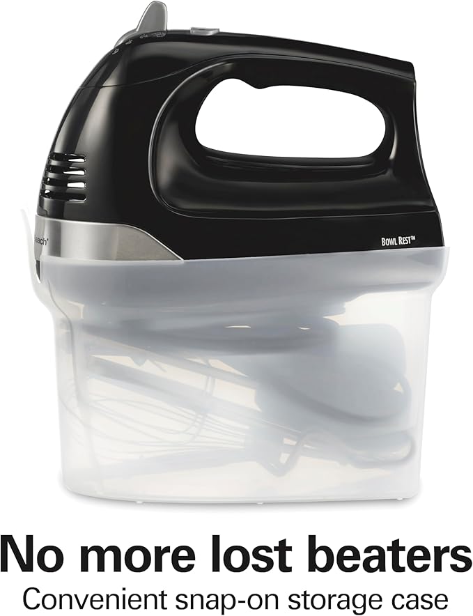 Hamilton Beach 6-Speed Electric Hand Mixer with Whisk, Dough Hooks and Easy Clean Beaters, Powerful 275 Watt Motor, Snap-On Storage Case, Black