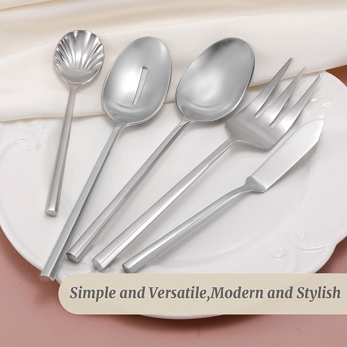 DEACORY Hexagon Serving Silverware Serving Set Flatware Set Cutlery Set Utensil Serving Set Stainless Steel Matte Silver 45 Pieces Service for 8
